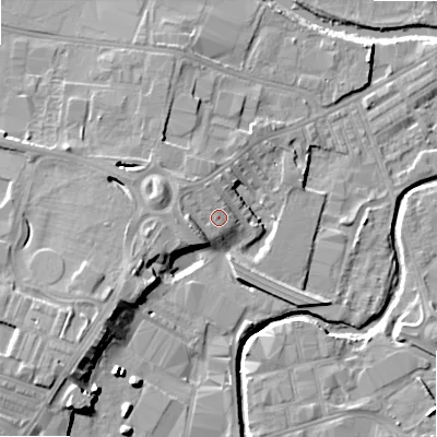 Shaded relief map of the ground around BD214AX, computed from Environment Agency LiDAR. The ground here sits at about 91 m above sea level and falls 16 m across the surrounding 800 m. Surface water reaching this point runs off ground lying to the west-north-west, 1.5 m higher.