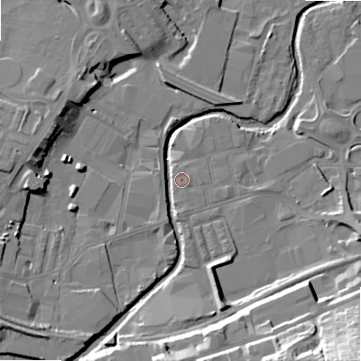 Shaded relief map of the ground around BD214BA, computed from Environment Agency LiDAR. The ground here sits at about 90 m above sea level and falls 36 m across the surrounding 800 m. Surface water reaching this point runs off ground lying to the south, 17.2 m higher.