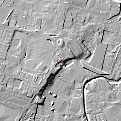 Shaded relief map of the ground around BD214BB, computed from Environment Agency LiDAR. The ground here sits at about 94 m above sea level and falls 16 m across the surrounding 800 m. Surface water reaching this point runs off ground lying to the south-west, 5.4 m higher.