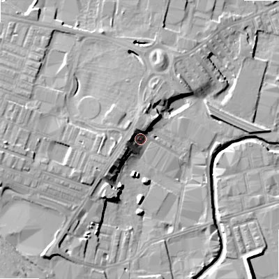 Shaded relief map of the ground around BD214BD, computed from Environment Agency LiDAR. The ground here sits at about 93 m above sea level and falls 15 m across the surrounding 800 m. Surface water reaching this point runs off ground lying to the north-west, 6.5 m higher.