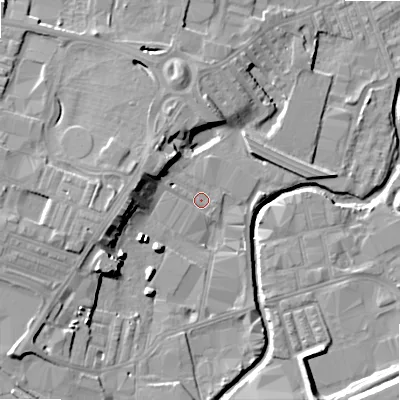 Shaded relief map of the ground around BD214BE, computed from Environment Agency LiDAR. The ground here sits at about 90 m above sea level and falls 17 m across the surrounding 800 m. Surface water reaching this point runs off ground lying to the south-west, 9.8 m higher.