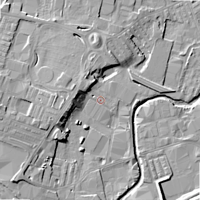 Shaded relief map of the ground around BD214BG, computed from Environment Agency LiDAR. The ground here sits at about 90 m above sea level and falls 15 m across the surrounding 800 m. Surface water reaching this point runs off ground lying to the south-west, 9.8 m higher.