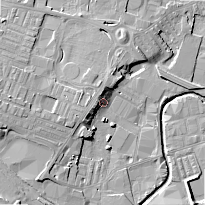 Shaded relief map of the ground around BD214BH, computed from Environment Agency LiDAR. The ground here sits at about 94 m above sea level and falls 15 m across the surrounding 800 m. Surface water reaching this point runs off ground lying to the west, 6.7 m higher.