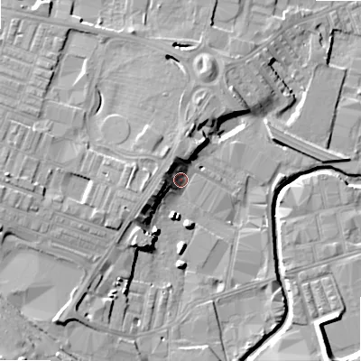 Shaded relief map of the ground around BD214BQ, computed from Environment Agency LiDAR. The ground here sits at about 91 m above sea level and falls 15 m across the surrounding 800 m. Surface water reaching this point runs off ground lying to the west-south-west, 8.0 m higher.