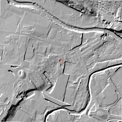 Shaded relief map of the ground around BD214BU, computed from Environment Agency LiDAR. The ground here sits at about 87 m above sea level and falls 21 m across the surrounding 800 m. Surface water reaching this point runs off ground lying to the south-west, 9.9 m higher.
