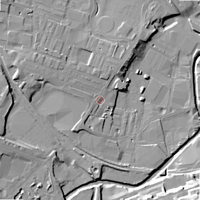 Shaded relief map of the ground around BD214BW, computed from Environment Agency LiDAR. The ground here sits at about 95 m above sea level and falls 30 m across the surrounding 800 m. Surface water reaching this point runs off ground lying to the west-north-west, 8.2 m higher.