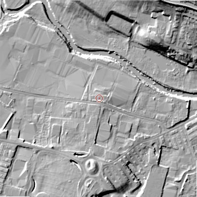 Shaded relief map of the ground around BD214BZ, computed from Environment Agency LiDAR. The ground here sits at about 89 m above sea level and falls 25 m across the surrounding 800 m. Surface water reaching this point runs off ground lying to the south-east, 1.1 m higher.