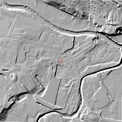Shaded relief map of the ground around BD214DA, computed from Environment Agency LiDAR. The ground here sits at about 86 m above sea level and falls 24 m across the surrounding 800 m. Surface water reaching this point runs off ground lying to the west, 3.1 m higher.