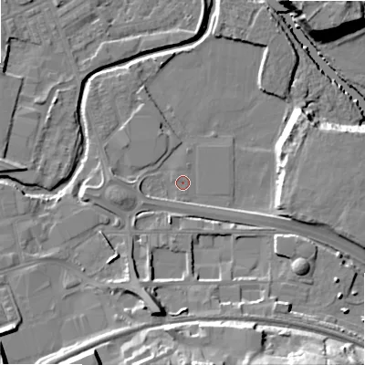 Shaded relief map of the ground around BD214DB, computed from Environment Agency LiDAR. The ground here sits at about 85 m above sea level and falls 23 m across the surrounding 800 m. The ground contributing surface water to this point lies to the west-north-west.