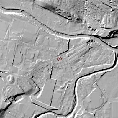 Shaded relief map of the ground around BD214DD, computed from Environment Agency LiDAR. The ground here sits at about 86 m above sea level and falls 27 m across the surrounding 800 m. Surface water reaching this point runs off ground lying to the south-west, 10.8 m higher.