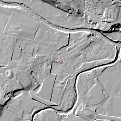 Shaded relief map of the ground around BD214DE, computed from Environment Agency LiDAR. The ground here sits at about 86 m above sea level and falls 24 m across the surrounding 800 m. Surface water reaching this point runs off ground lying to the south-west, 10.8 m higher.