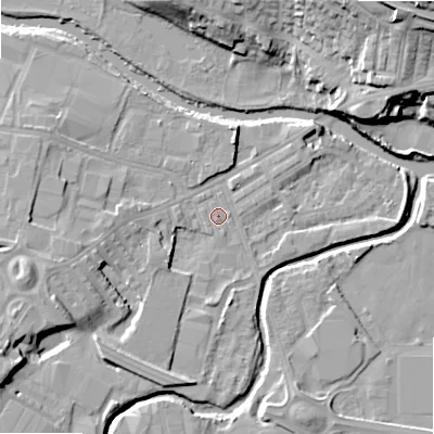 Shaded relief map of the ground around BD214DF, computed from Environment Agency LiDAR. The ground here sits at about 86 m above sea level and falls 26 m across the surrounding 800 m. Surface water reaching this point runs off ground lying to the south-south-east, 0.8 m higher.