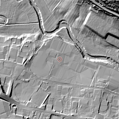 Shaded relief map of the ground around BD214DG, computed from Environment Agency LiDAR. The ground here sits at about 87 m above sea level and falls 39 m across the surrounding 800 m. Surface water reaching this point runs off ground lying to the south-west, 1.3 m higher.