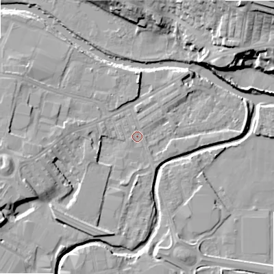 Shaded relief map of the ground around BD214DH, computed from Environment Agency LiDAR. The ground here sits at about 85 m above sea level and falls 24 m across the surrounding 800 m. Surface water reaching this point runs off ground lying to the west-south-west, 10.1 m higher.