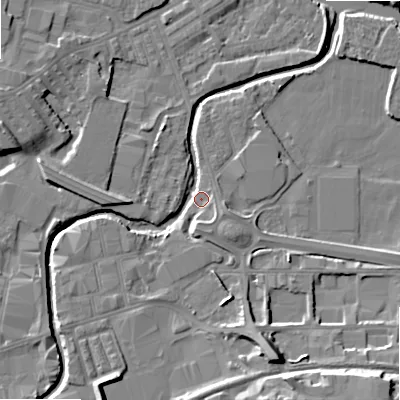 Shaded relief map of the ground around BD214DJ, computed from Environment Agency LiDAR. The ground here sits at about 86 m above sea level and falls 16 m across the surrounding 800 m. Surface water reaching this point runs off ground lying to the south-west, 8.3 m higher.