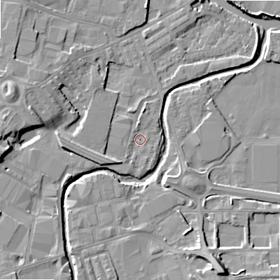 Shaded relief map of the ground around BD214DL, computed from Environment Agency LiDAR. The ground here sits at about 86 m above sea level and falls 15 m across the surrounding 800 m. Surface water reaching this point runs off ground lying to the west, 5.1 m higher.