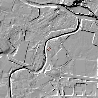 Shaded relief map of the ground around BD214DN, computed from Environment Agency LiDAR. The ground here sits at about 86 m above sea level and falls 19 m across the surrounding 800 m. Surface water reaching this point runs off ground lying to the south, 2.0 m higher.
