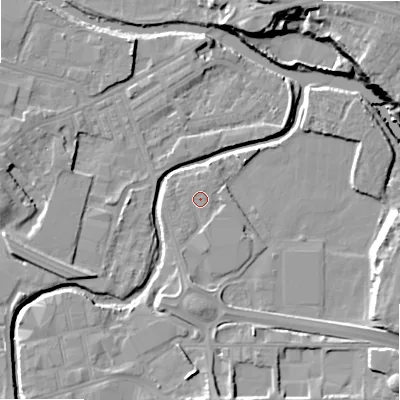 Shaded relief map of the ground around BD214DR, computed from Environment Agency LiDAR. The ground here sits at about 85 m above sea level and falls 20 m across the surrounding 800 m. Surface water reaching this point runs off ground lying to the south-south-west, 2.0 m higher.