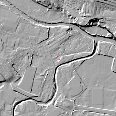 Shaded relief map of the ground around BD214DS, computed from Environment Agency LiDAR. The ground here sits at about 85 m above sea level and falls 25 m across the surrounding 800 m. Surface water reaching this point runs off ground lying to the west-south-west, 9.1 m higher.
