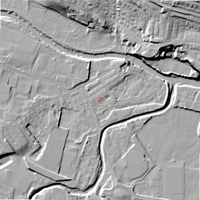 Shaded relief map of the ground around BD214DT, computed from Environment Agency LiDAR. The ground here sits at about 85 m above sea level and falls 29 m across the surrounding 800 m. Surface water reaching this point runs off ground lying to the west-south-west, 9.1 m higher.