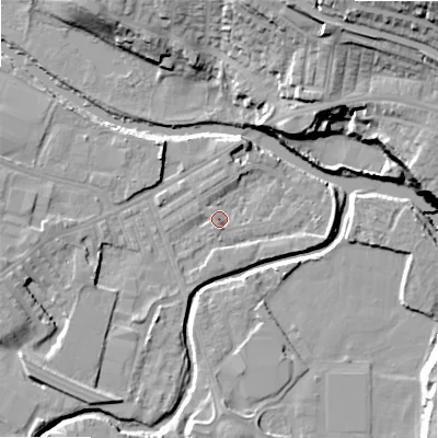 Shaded relief map of the ground around BD214DU, computed from Environment Agency LiDAR. The ground here sits at about 85 m above sea level and falls 36 m across the surrounding 800 m. Surface water reaching this point runs off ground lying to the west-south-west, 6.8 m higher.