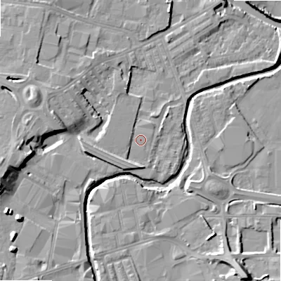 Shaded relief map of the ground around BD214DW, computed from Environment Agency LiDAR. The ground here sits at about 87 m above sea level and falls 15 m across the surrounding 800 m. Surface water reaching this point runs off ground lying to the west, 1.8 m higher.