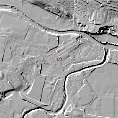 Shaded relief map of the ground around BD214DX, computed from Environment Agency LiDAR. The ground here sits at about 85 m above sea level and falls 27 m across the surrounding 800 m. Surface water reaching this point runs off ground lying to the south-west, 9.9 m higher.