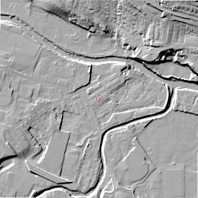 Shaded relief map of the ground around BD214DY, computed from Environment Agency LiDAR. The ground here sits at about 86 m above sea level and falls 32 m across the surrounding 800 m. Surface water reaching this point runs off ground lying to the west-south-west, 9.1 m higher.