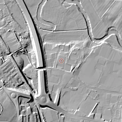 Shaded relief map of the ground around BD214DZ, computed from Environment Agency LiDAR. The ground here sits at about 89 m above sea level and falls 35 m across the surrounding 800 m. Surface water reaching this point runs off ground lying to the south-south-west, 13.1 m higher.