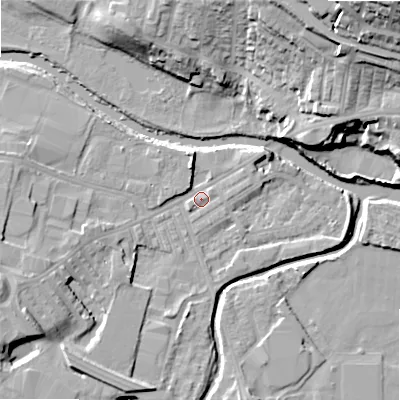 Shaded relief map of the ground around BD214EA, computed from Environment Agency LiDAR. The ground here sits at about 85 m above sea level and falls 36 m across the surrounding 800 m. Surface water reaching this point runs off ground lying to the west-south-west, 7.3 m higher.