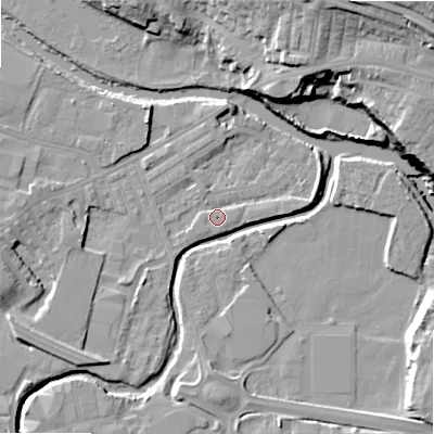 Shaded relief map of the ground around BD214ED, computed from Environment Agency LiDAR. The ground here sits at about 86 m above sea level and falls 29 m across the surrounding 800 m. Surface water reaching this point runs off ground lying to the west-south-west, 7.0 m higher.