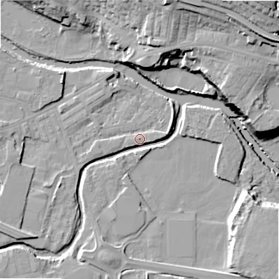 Shaded relief map of the ground around BD214EE, computed from Environment Agency LiDAR. The ground here sits at about 85 m above sea level and falls 33 m across the surrounding 800 m. Surface water reaching this point runs off ground lying to the south-west, 8.3 m higher.