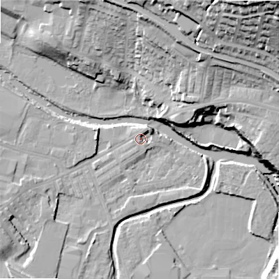 Shaded relief map of the ground around BD214EH, computed from Environment Agency LiDAR. The ground here sits at about 86 m above sea level and falls 54 m across the surrounding 800 m. Surface water reaching this point runs off ground lying to the north-east, 3.6 m higher.