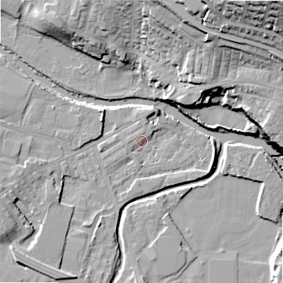 Shaded relief map of the ground around BD214EL, computed from Environment Agency LiDAR. The ground here sits at about 85 m above sea level and falls 43 m across the surrounding 800 m. Surface water reaching this point runs off ground lying to the north-north-east, 2.3 m higher.