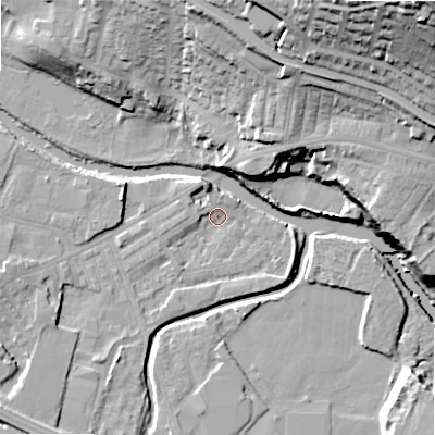 Shaded relief map of the ground around BD214EN, computed from Environment Agency LiDAR. The ground here sits at about 84 m above sea level and falls 50 m across the surrounding 800 m. Surface water reaching this point runs off ground lying to the north-north-west, 4.3 m higher.