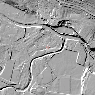 Shaded relief map of the ground around BD214EP, computed from Environment Agency LiDAR. The ground here sits at about 84 m above sea level and falls 36 m across the surrounding 800 m. Surface water reaching this point runs off ground lying to the west-south-west, 4.7 m higher.