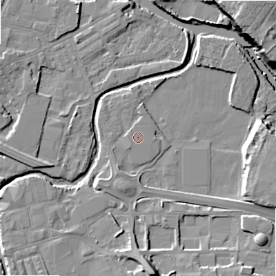 Shaded relief map of the ground around BD214EQ, computed from Environment Agency LiDAR. The ground here sits at about 86 m above sea level and falls 19 m across the surrounding 800 m. The ground contributing surface water to this point lies to the south-west.