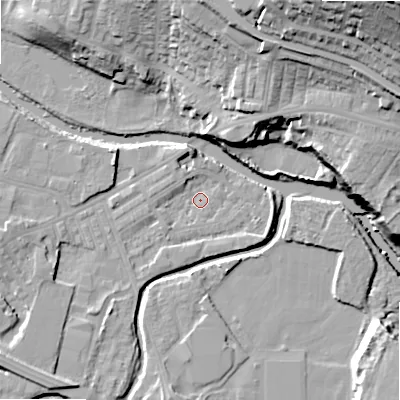 Shaded relief map of the ground around BD214ER, computed from Environment Agency LiDAR. The ground here sits at about 84 m above sea level and falls 46 m across the surrounding 800 m. Surface water reaching this point runs off ground lying to the north-north-west, 4.3 m higher.