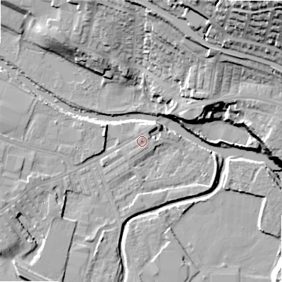 Shaded relief map of the ground around BD214EW, computed from Environment Agency LiDAR. The ground here sits at about 85 m above sea level and falls 50 m across the surrounding 800 m. Surface water reaching this point runs off ground lying to the north-east, 2.0 m higher.