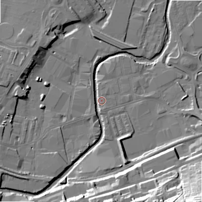Shaded relief map of the ground around BD214FE, computed from Environment Agency LiDAR. The ground here sits at about 90 m above sea level and falls 47 m across the surrounding 800 m. Surface water reaching this point runs off ground lying to the south, 19.0 m higher.