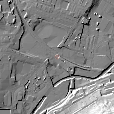 Shaded relief map of the ground around BD214HP, computed from Environment Agency LiDAR. The ground here sits at about 96 m above sea level and falls 60 m across the surrounding 800 m. Surface water reaching this point runs off ground lying to the west, 11.5 m higher.