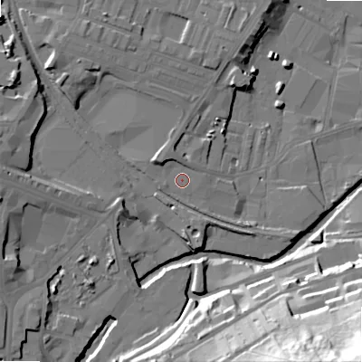 Shaded relief map of the ground around BD214HQ, computed from Environment Agency LiDAR. The ground here sits at about 96 m above sea level and falls 60 m across the surrounding 800 m. Surface water reaching this point runs off ground lying to the north-west, 3.4 m higher.