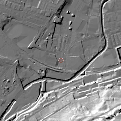 Shaded relief map of the ground around BD214HT, computed from Environment Agency LiDAR. The ground here sits at about 93 m above sea level and falls 85 m across the surrounding 800 m. Surface water reaching this point runs off ground lying to the west, 4.0 m higher.