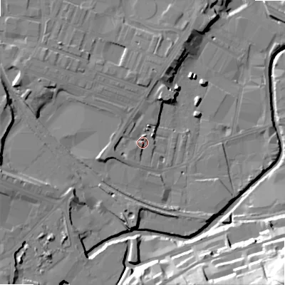 Shaded relief map of the ground around BD214HW, computed from Environment Agency LiDAR. The ground here sits at about 95 m above sea level and falls 48 m across the surrounding 800 m. Surface water reaching this point runs off ground lying to the west-south-west, 5.5 m higher.