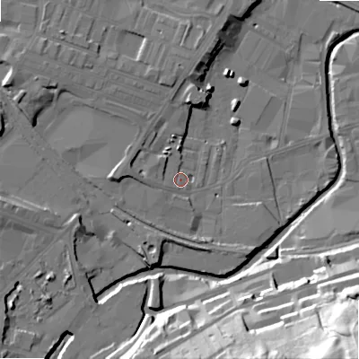 Shaded relief map of the ground around BD214HX, computed from Environment Agency LiDAR. The ground here sits at about 94 m above sea level and falls 59 m across the surrounding 800 m. Surface water reaching this point runs off ground lying to the west, 4.2 m higher.