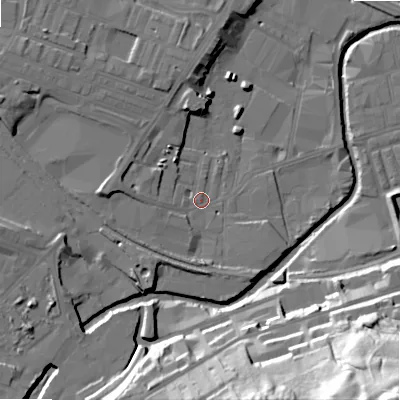 Shaded relief map of the ground around BD214HY, computed from Environment Agency LiDAR. The ground here sits at about 93 m above sea level and falls 69 m across the surrounding 800 m. Surface water reaching this point runs off ground lying to the west, 6.8 m higher.