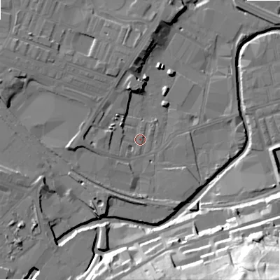 Shaded relief map of the ground around BD214JA, computed from Environment Agency LiDAR. The ground here sits at about 93 m above sea level and falls 57 m across the surrounding 800 m. Surface water reaching this point runs off ground lying to the west-south-west, 5.2 m higher.