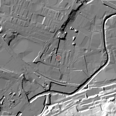 Shaded relief map of the ground around BD214JB, computed from Environment Agency LiDAR. The ground here sits at about 93 m above sea level and falls 54 m across the surrounding 800 m. Surface water reaching this point runs off ground lying to the west-south-west, 5.2 m higher.