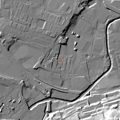 Shaded relief map of the ground around BD214JD, computed from Environment Agency LiDAR. The ground here sits at about 93 m above sea level and falls 49 m across the surrounding 800 m. Surface water reaching this point runs off ground lying to the west-north-west, 10.1 m higher.