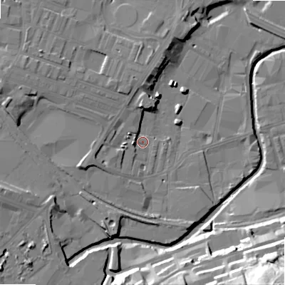 Shaded relief map of the ground around BD214JE, computed from Environment Agency LiDAR. The ground here sits at about 93 m above sea level and falls 46 m across the surrounding 800 m. Surface water reaching this point runs off ground lying to the west-north-west, 9.8 m higher.
